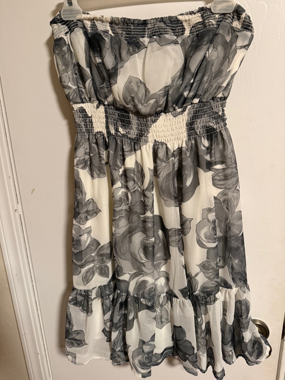 Smocked Strapless Floral Dress in Black & White